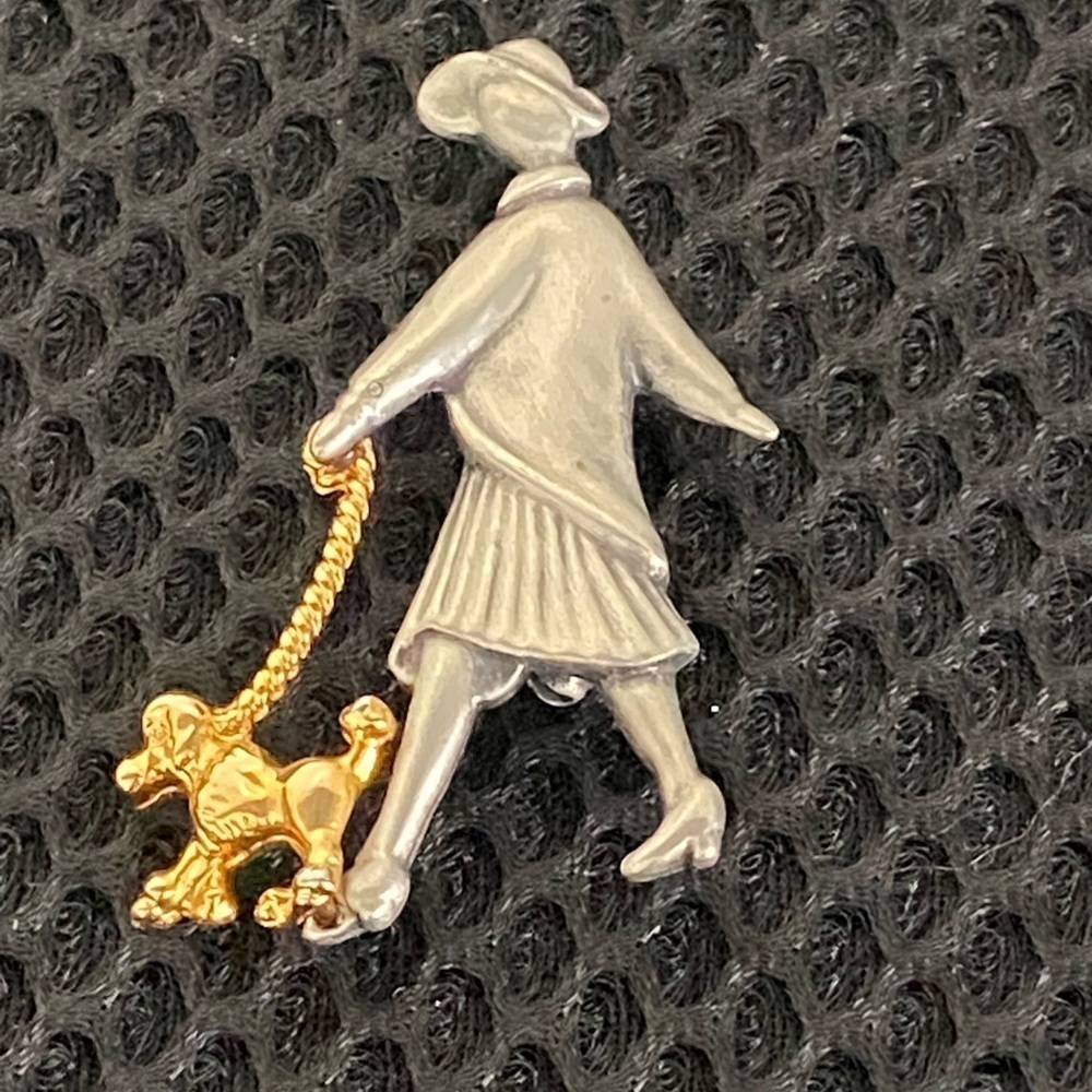 Classic Silver Tone Woman Walking Gold Tone Poodle Pin Brooch Unisex